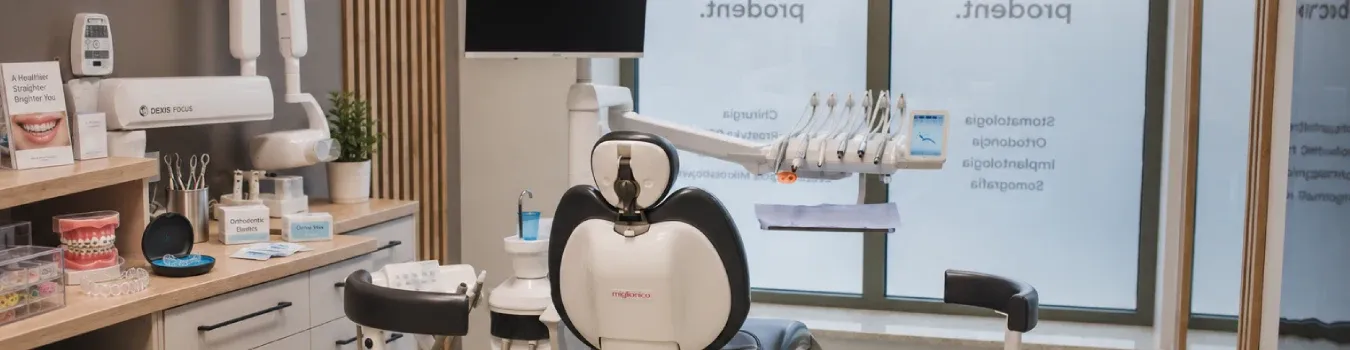 Fotel stomatologiczny i unito w gabinecie ProDent; na ścianie tablica z nazwami usług kliniki